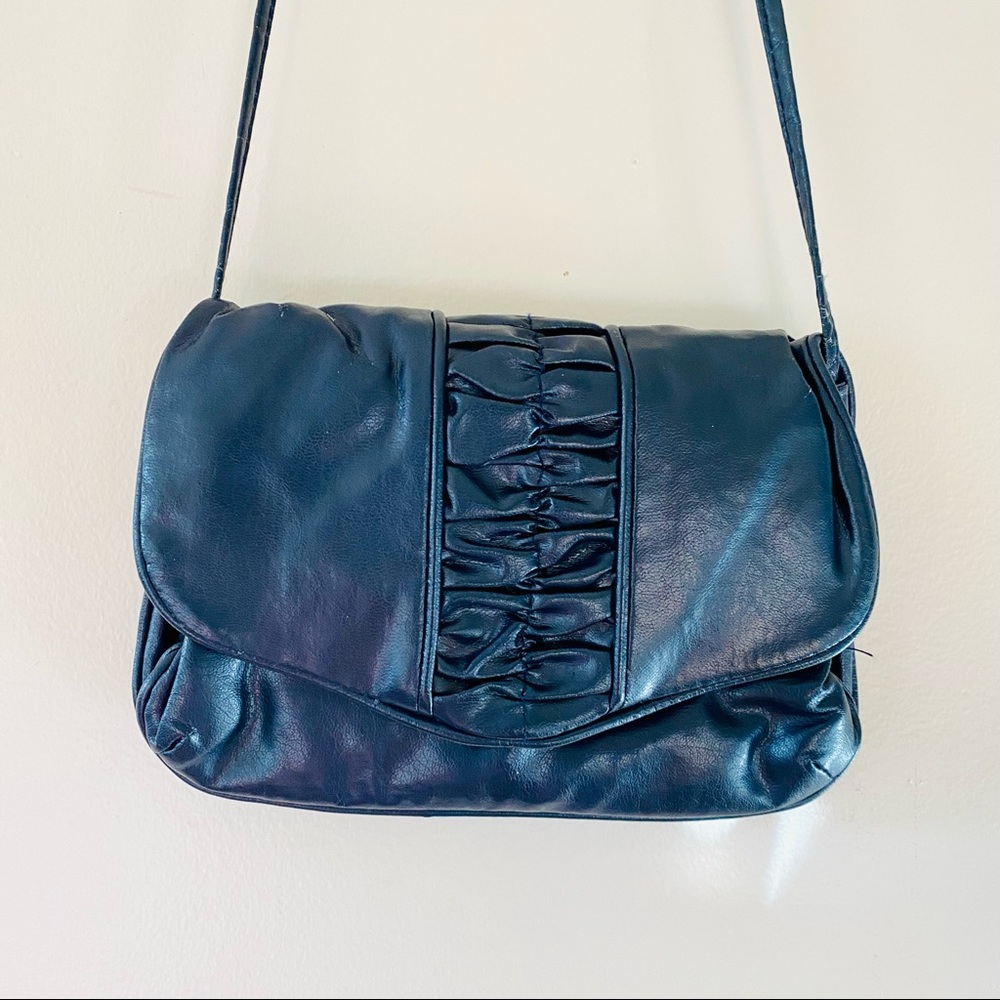 Vintage leather crossbody bag navy blue slouchy fold over clamshell wallet
